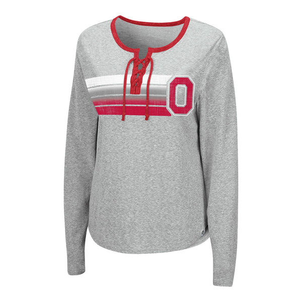 Ladies Ohio State Buckeyes Wexner Lace Up Long Sleeve T-Shirt - In Gray - Front View