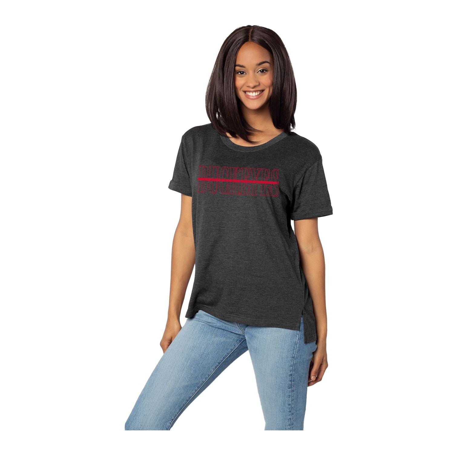 Ladies Ohio State Buckeyes Strike Through T-Shirt - In Black - Front View