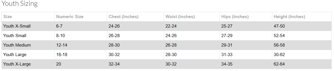Colosseum Youth Size Chart