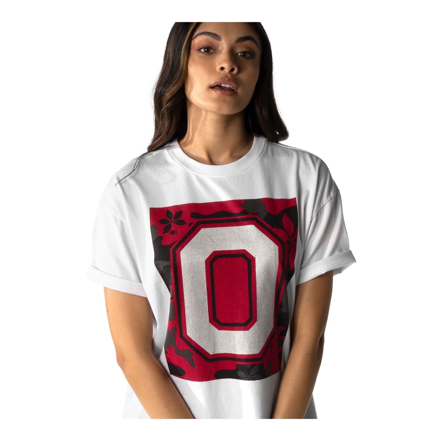 Ladies Ohio State Buckeyes Boxy Buckeye Nation T-Shirt - In White - Front View - Closer