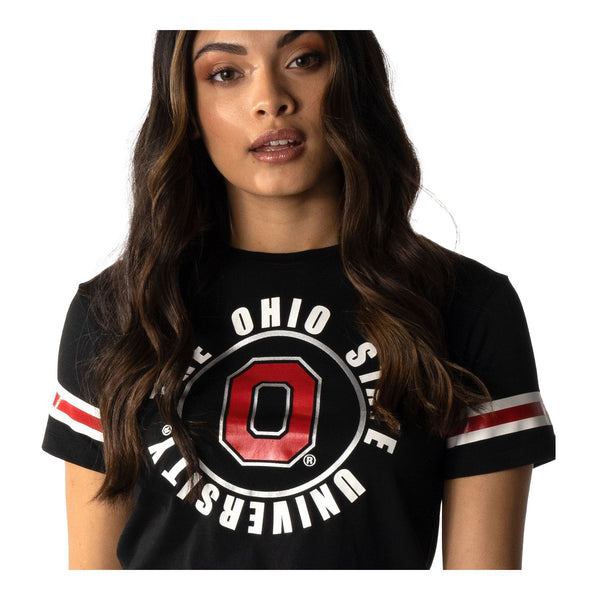 Ladies Ohio State Buckeyes Crop Circled T-Shirt - In Black - Front View - Closer