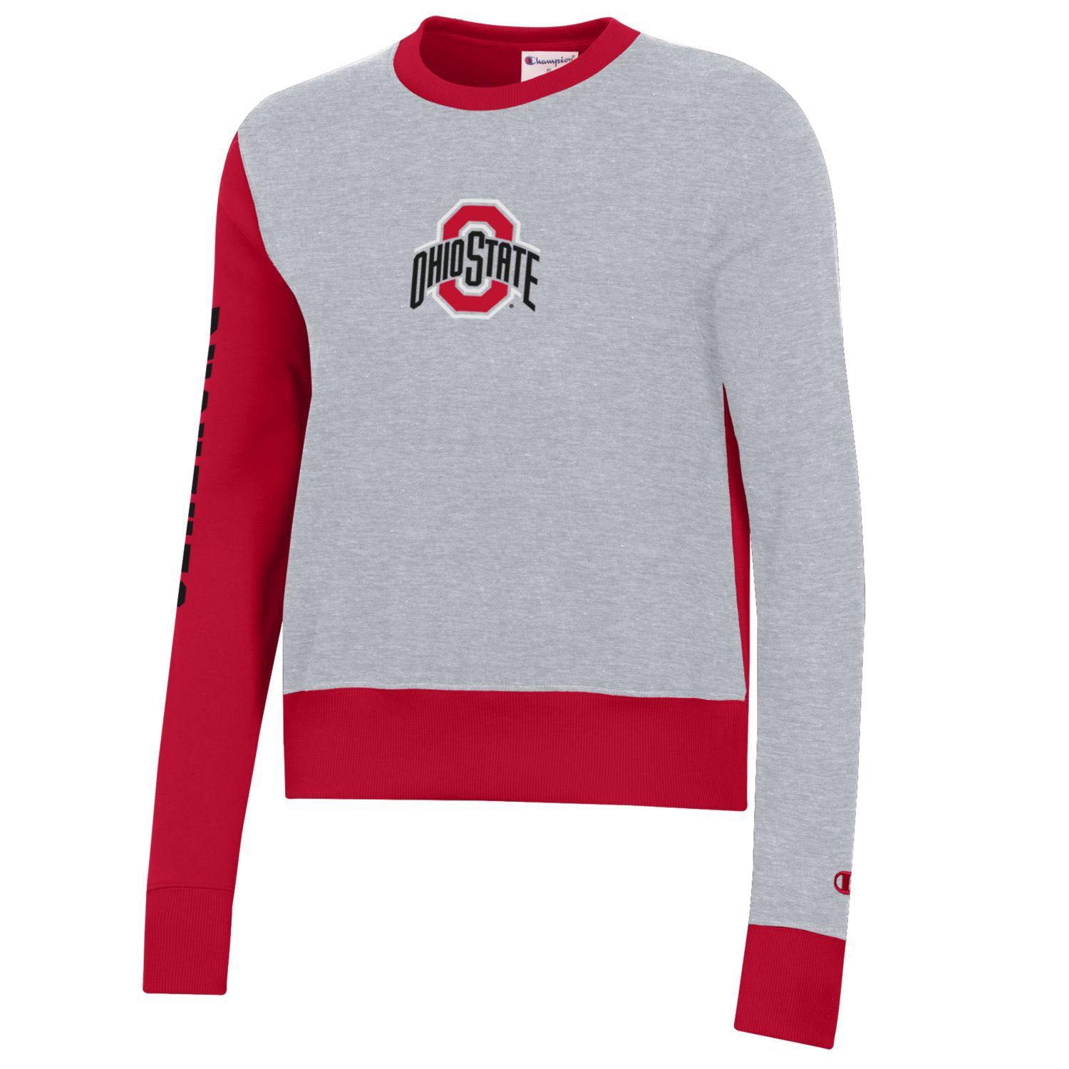 Ladies Ohio State Buckeyes Gray Super Fan Home & Away Crew in Scarlet and Gray - Front View