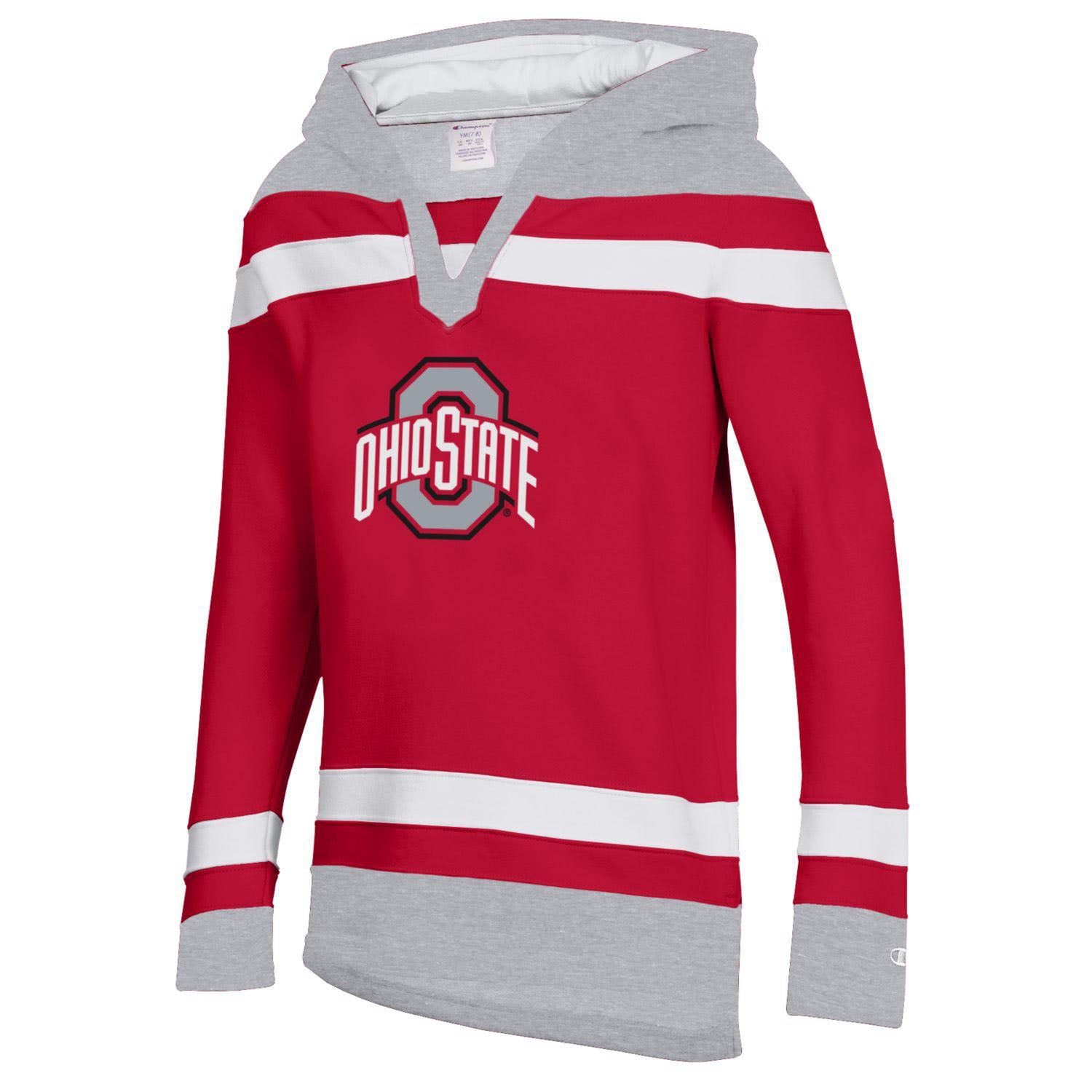 Youth Ohio State Buckeyes Scarlet Super Fan Big Stripe Hockey Hooded Sweatshirt in Scarlet and Gray - Front View