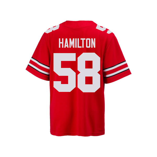 Youth Ohio State Buckeyes #58 Ty Hamilton Student Athlete Football Jersey in Scarlet - Back View