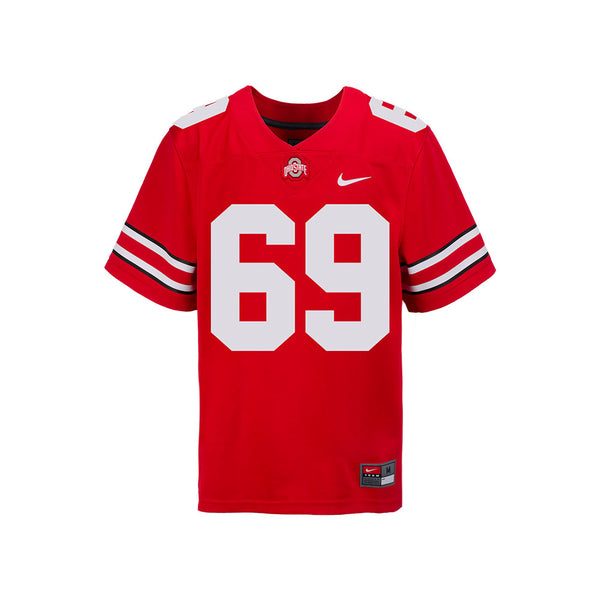Youth Ohio State Buckeyes #69 Trey Leroux Student Athlete Football Jersey in Scarlet - Front View