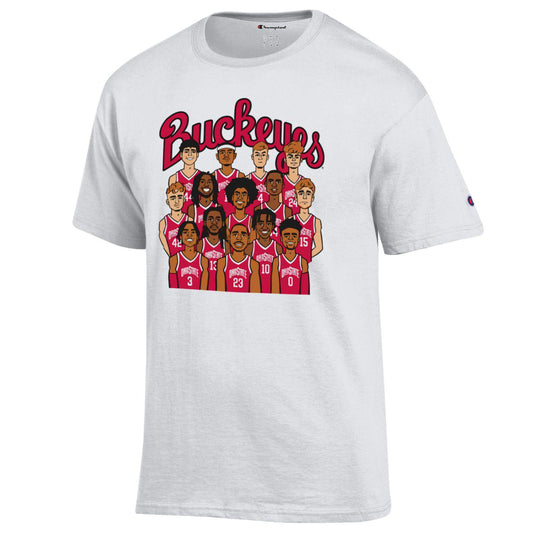 Ohio State Buckeyes Men's Basketball Caricature Roster White T-Shirt - Front View