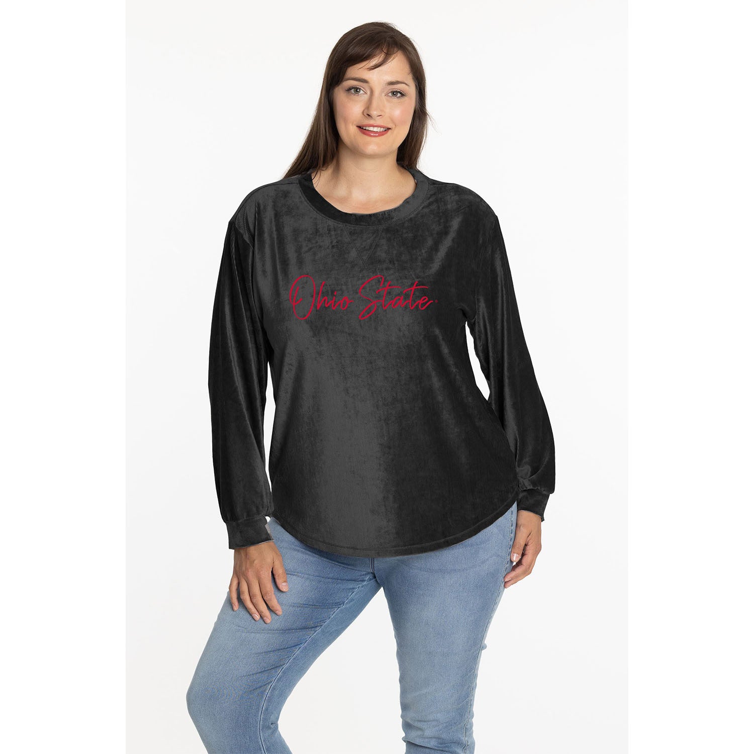 Ladies Ohio State Buckeyes Carly Corduroy Crew Neck Sweatshirt - In Black - Front View