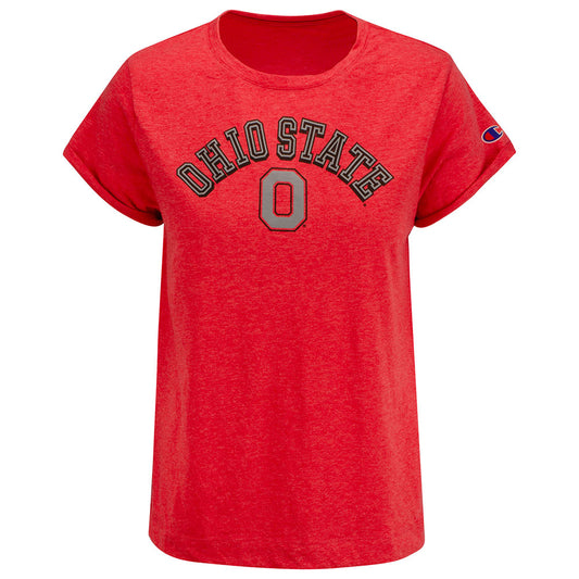 Ladies Ohio State Buckeyes Field Day Arched O T-Shirt in Scarlet - Front View