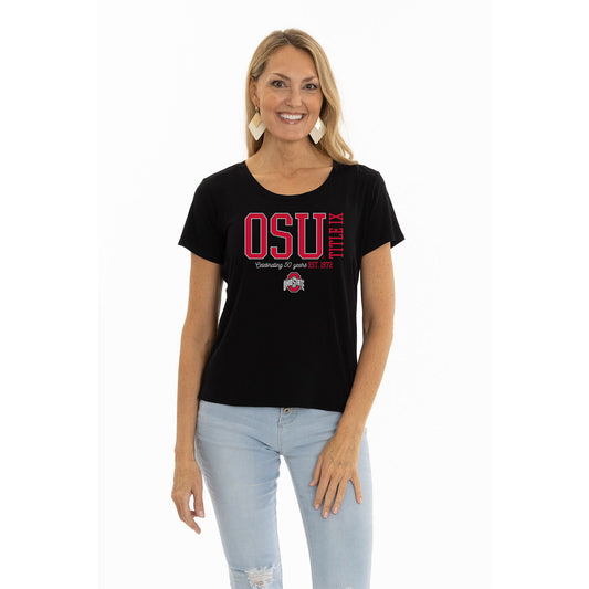 Ladies Ohio State Buckeyes Title IX Scoop Neck Black T-Shirt - Front View