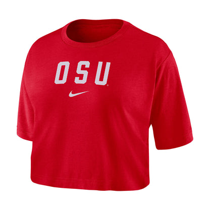 Ladies Ohio State Buckeyes Nike Dri-FIT Logo Scarlet Crop T-Shirt - Front View