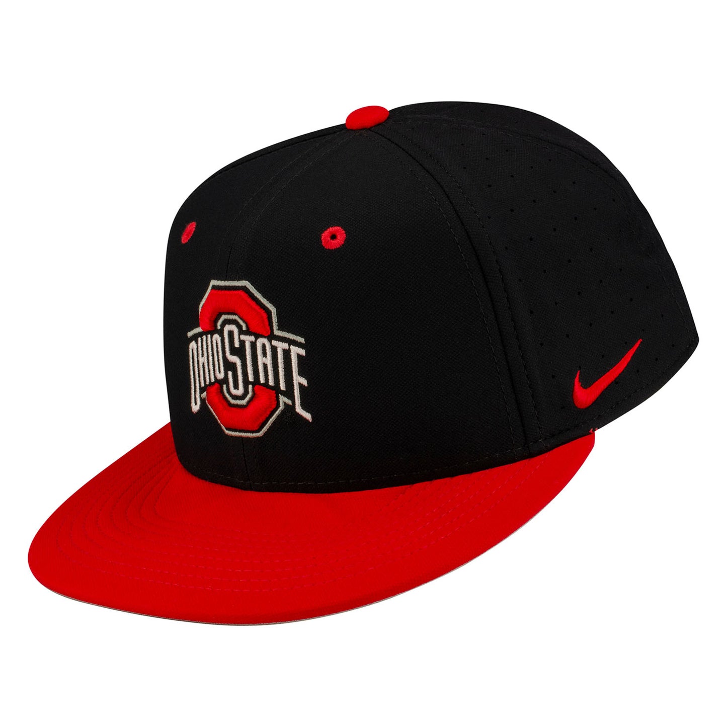 Ohio State Buckeyes Nike Aero Athletic O Fitted Hat in Black and Scarlet - Front/Side View