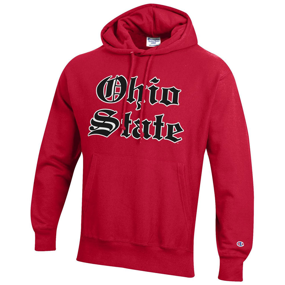 Ohio State Buckeyes Reverse Weave Old English Red Hood in Scarlet - Front View