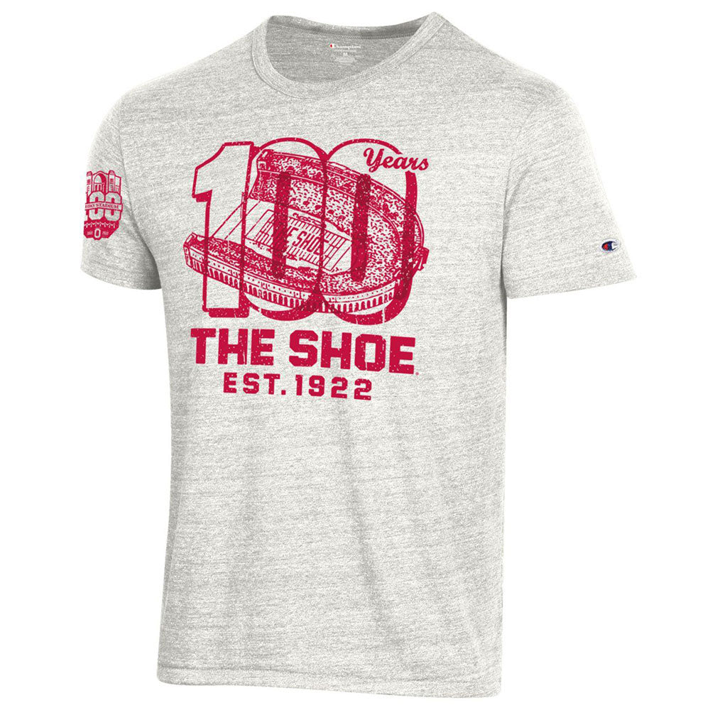 Ohio State Buckeyes Ohio Stadium 100th Celebration Shoe Est. Tri-Blend Alabaster T-Shirt - Front View