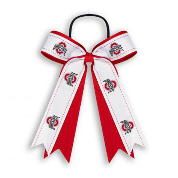 Ohio State Buckeyes Bow Pony Tail Holder - In Scarlet And White - Front View