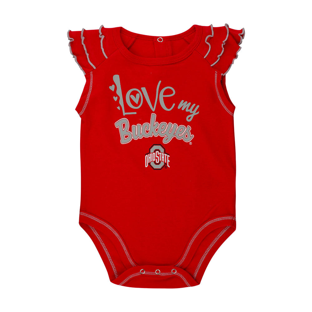 Newborn Ohio State Buckeyes 2-Pack Girls Creeper Touchdown Set in Scarlet - Front View