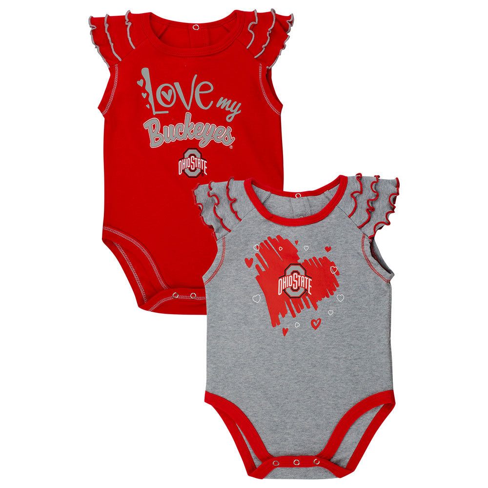 Newborn Ohio State Buckeyes 2-Pack Girls Creeper Touchdown Set in Scarlet and Gray - Both Creepers Front View