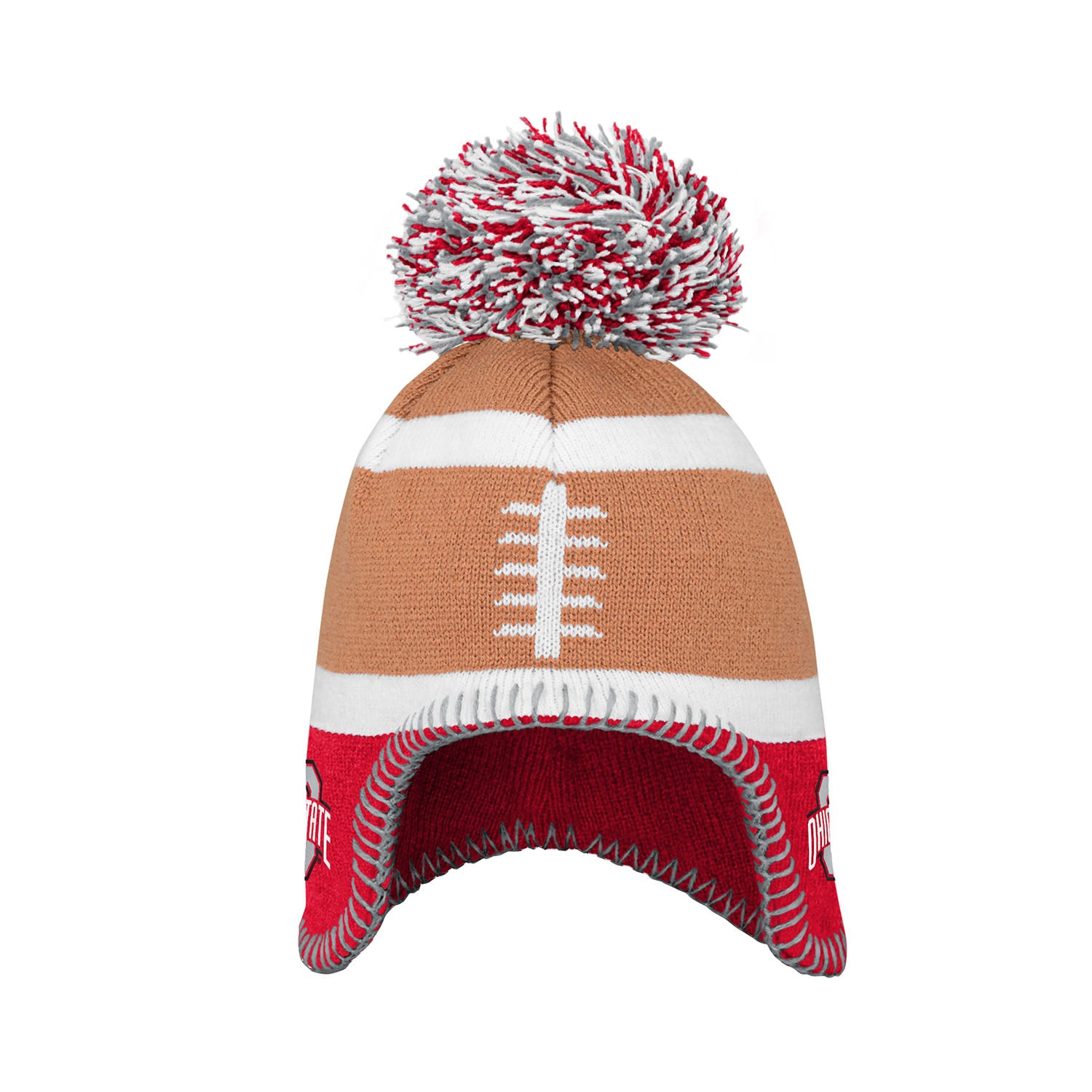 Youth Ohio State Football Head Knit Hat in Brown and Scarlet - Front View