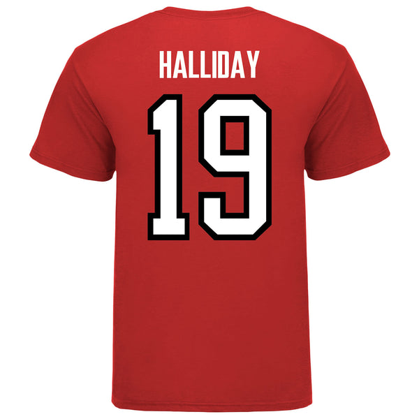 Ohio State Buckeyes Men's Hockey Student Athlete #19 Stephen Halliday T-Shirt in Scarlet - Back View